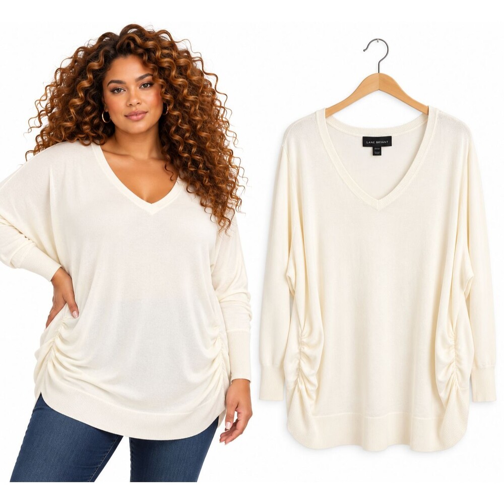 New Lane Bryant Illusion Tunic Sweater Size 22 24 Ivory Ruched Sides